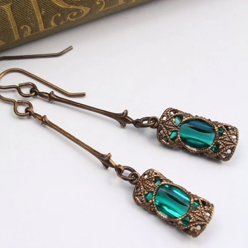 Vintage Green Blue Zircon Rhinestones Long Dangle Earrings for Women Antique Bronze Color Drop Earring Female Party Jewelry Gift