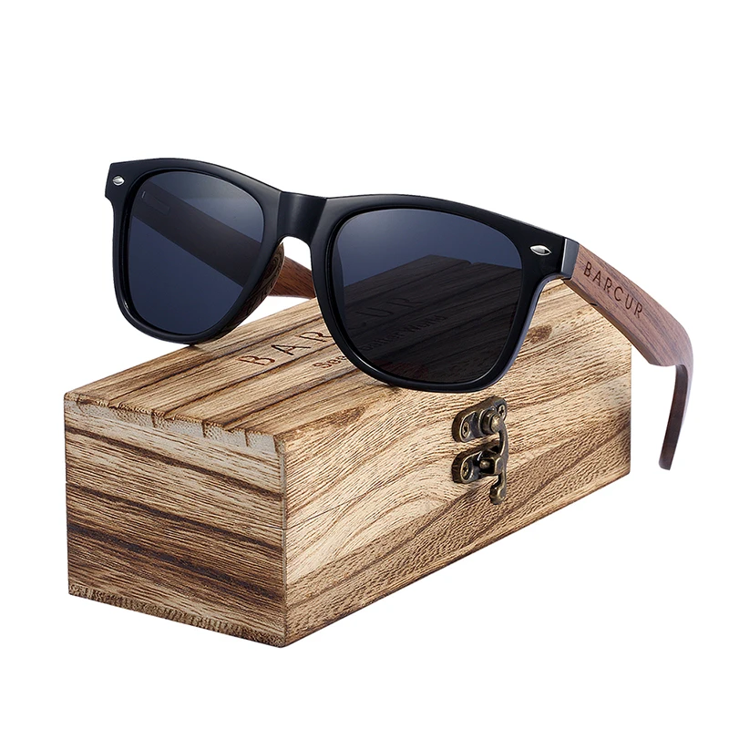 BARCUR Sonnenbrille aus schwarzem Walnussholz für Herren, polarisiert, hochwertige quadratische Sonnenbrille für Herren, UV400, Brillenzubehör, Originalverpackung – Detail 3