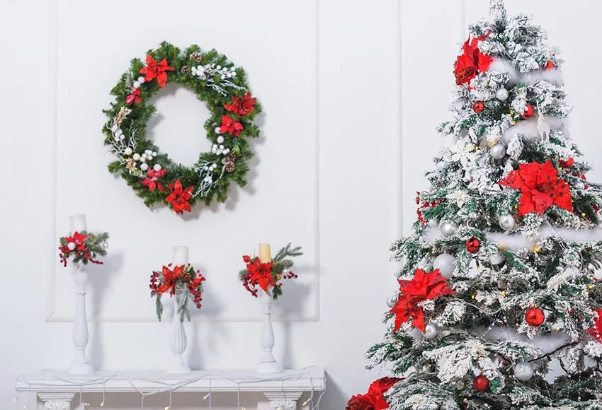 Avezano Christmas Tree Photography Background White Wall Wreath Candle Holder Portrait Decoration Backdrop for Photo Studio Drop