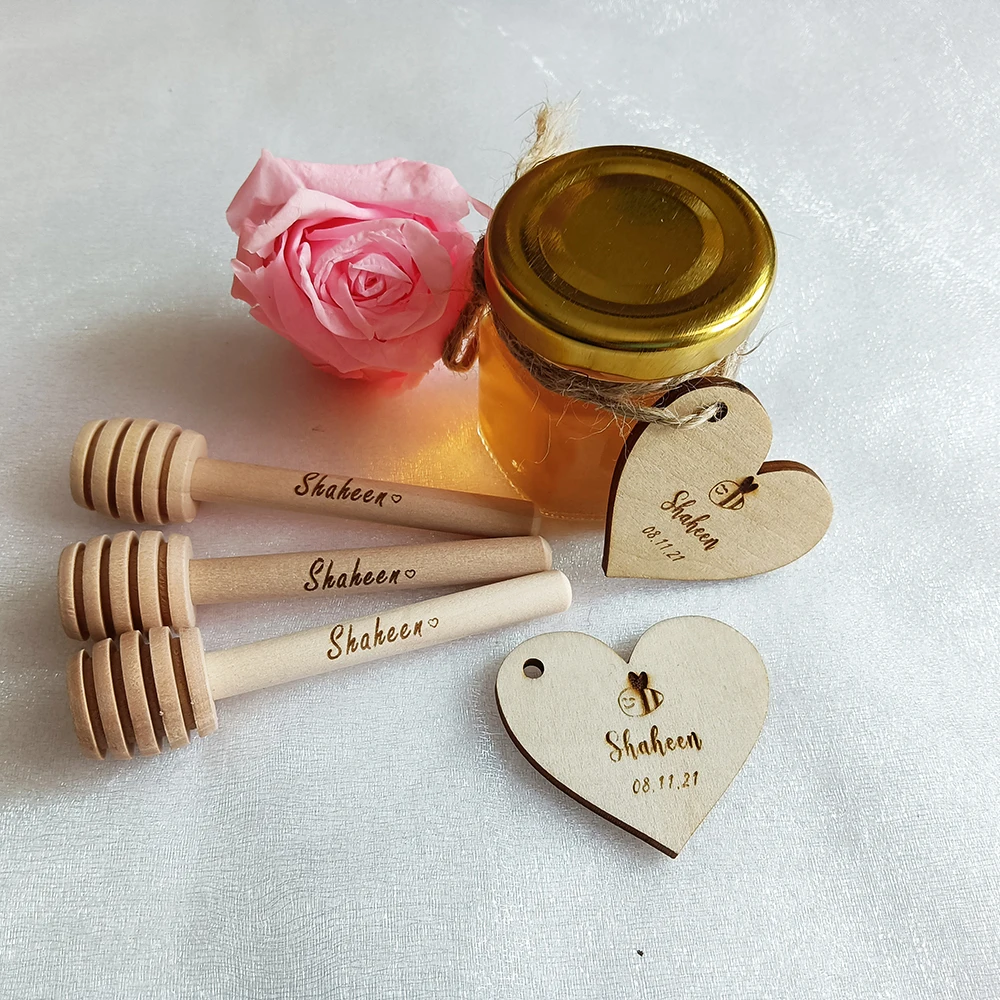 Personalized Wood Honey Dipper Sticks, Round Shape, Mini Glass Jars, Custom for Wedding Party Gifts, Tags