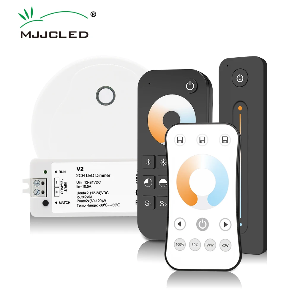 WW CW LED Dimmer Controller 12V 24V 2CH 10A RF 2.4G Wireless Remote Smart Wifi Dimmer Switch for Dual White CCT LED Strip Light