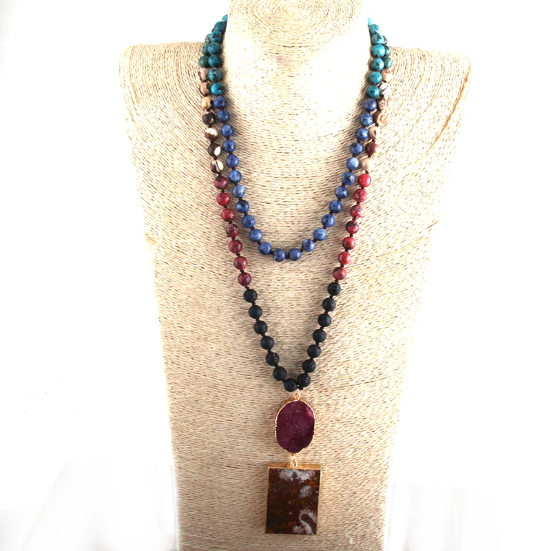 RH Fashion Boho Jewelry 108 Beads Knotted Stones Necklaces With Semi Precious Pendant Bohemia Necklace Women Gift Dropship