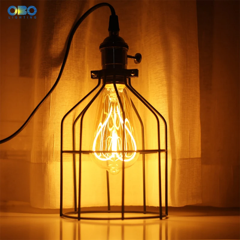 Vintage  Plug Pendant Lamp Iron Cage Lampshade E27 1.7m With Switch Socket Lamp Holder Hanging Light Fixtures EU/US Plug Dimming