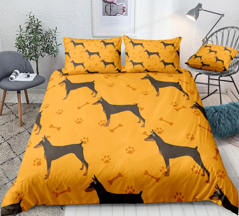 

3Pcs Dogs Duvet Cover Set Black Dogs and Paws Orange Bedding Kids Boys Girls Animal Quilt Cover Queen Bed Set Cartoon Dropship