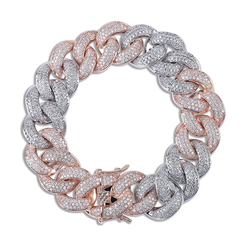 18mm wide Two Tone Color AAA+ CZ Zircon Paved Ice Out Bling Round Cuban Miami Curb Link Chain Bracelets for Men Rapper Jewelry