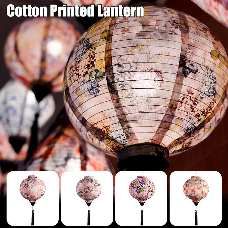 

12/14inch Chinese Style Flower Printing Silk Lantern Outdoor Spring Festival Decor Vietnam Mid-autumn Traditional Round Lantern