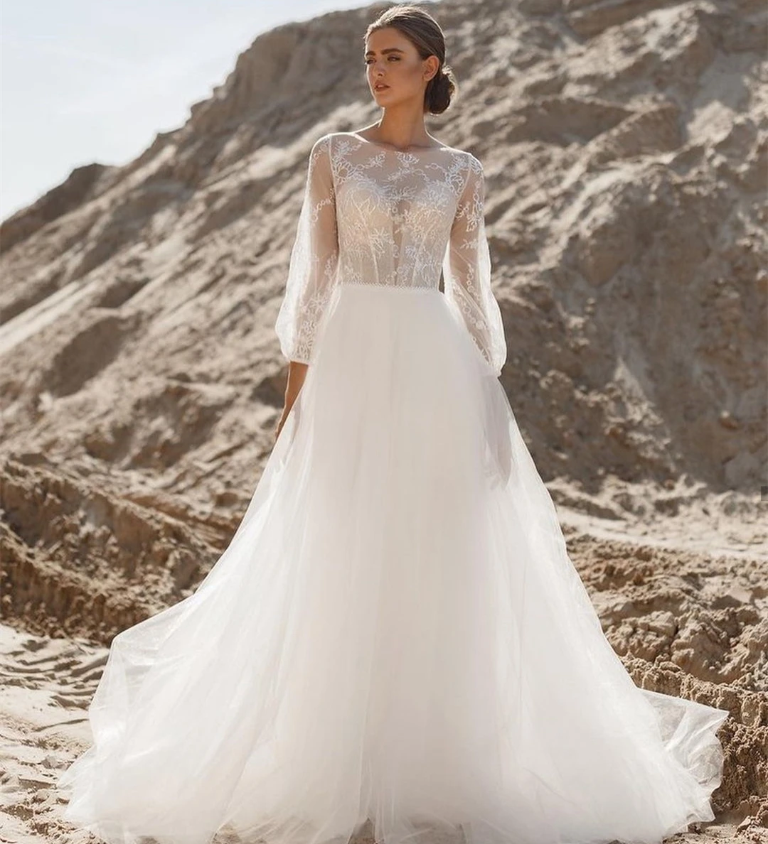 Princess Wedding Dress Long Sleeve O-Neck Lace Appliques Bridal Gown Organza Tulle New Charming For Women Brides Robe De Mariee