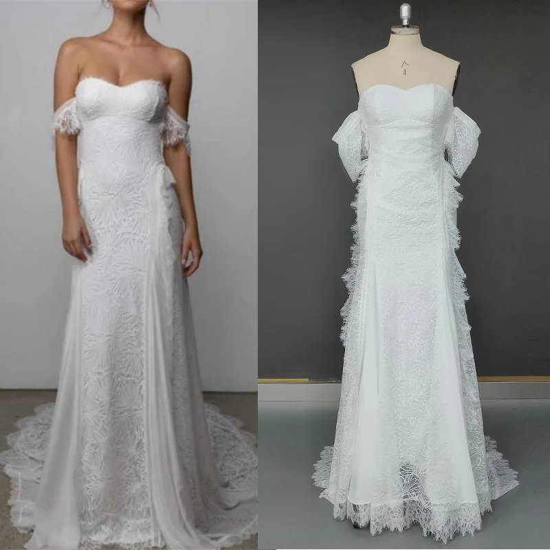 #11286 2021 Elegant Mermaid Lace Off-Shoulder Strapless Wedding Dress Open Back Rustic Bridal Photoshoot Gown Custom Made