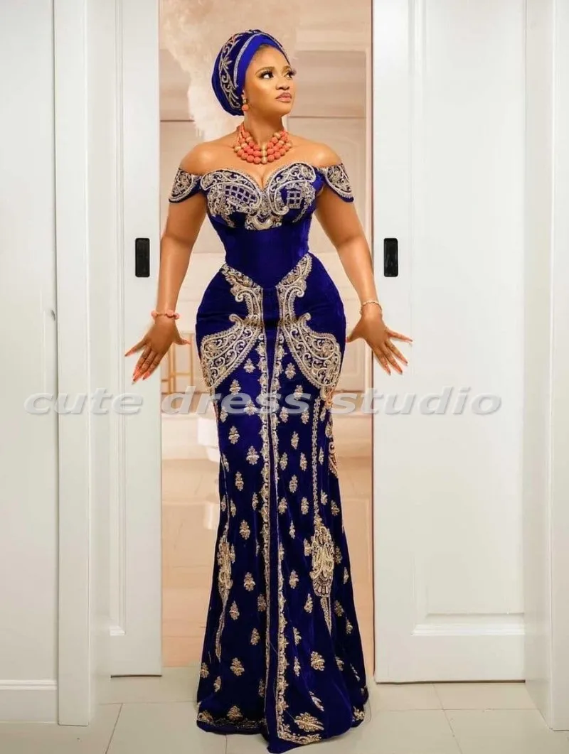 Formal African Blue Evening Dresses Long Customized Lace Applique Aso Ebi Mermiad Prom Gowns For Women Wedding Party Dress