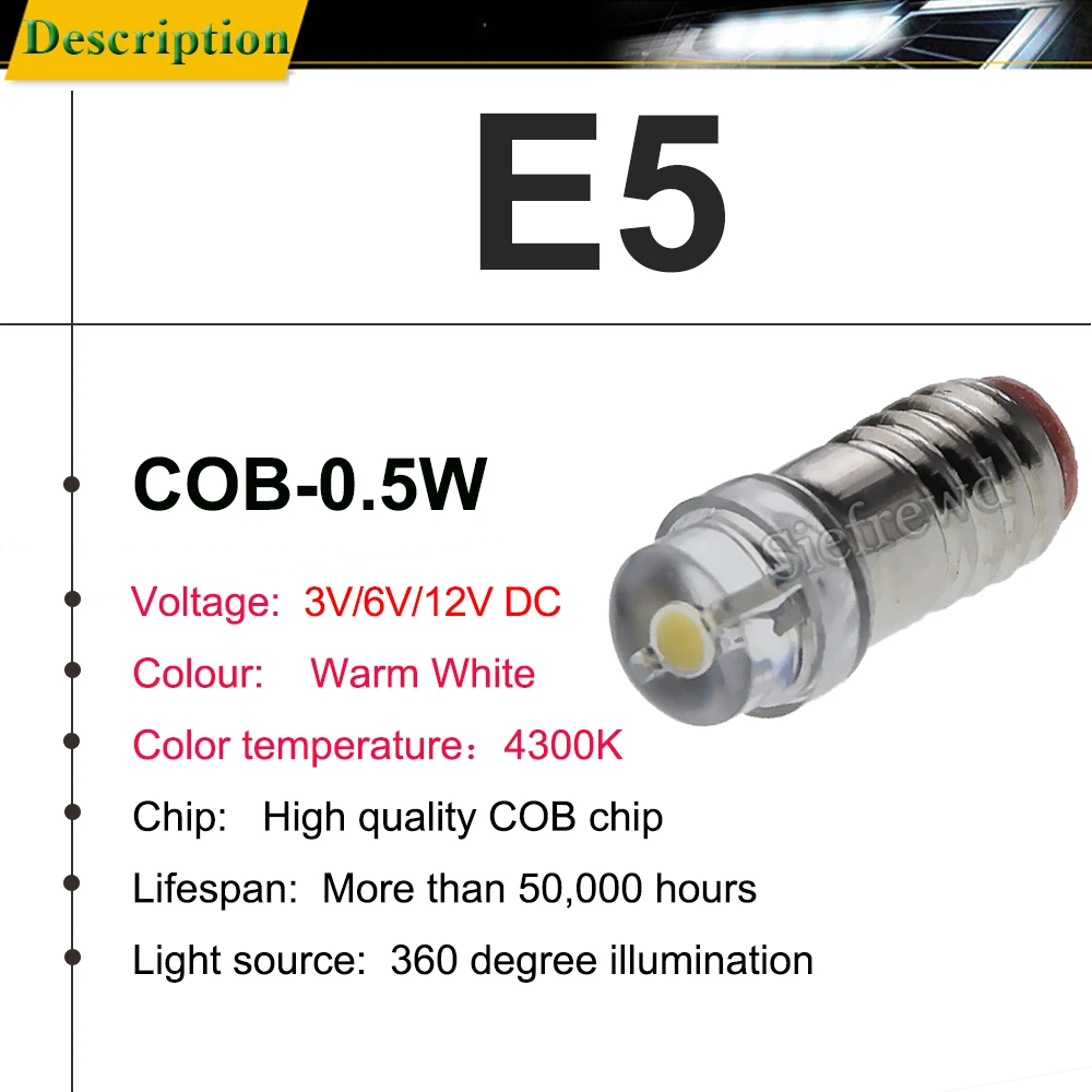 10Pcs Warm White LED Screw Bulb E5 E5.5 COB 0.5W Mini Small Lamp 3V 6V 12V DC Chandelier Scape Model Pram Replacement Light 5mm