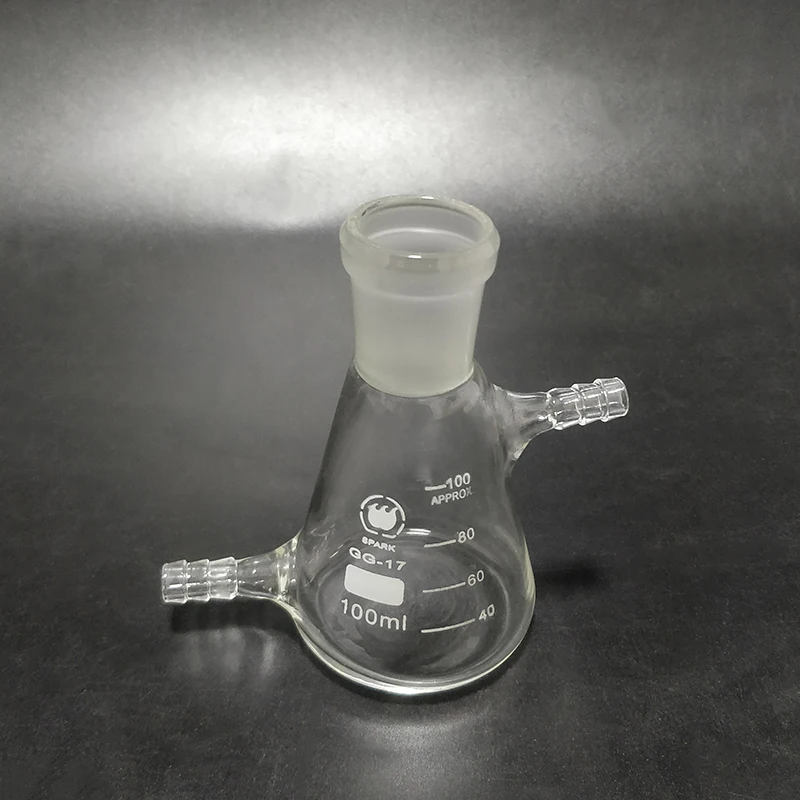 SHUNIU Filtering flask with tick mark 100mL 24/29, Triangle flask with upper and bottom side tube, Filter Erlenmeyer bottle
