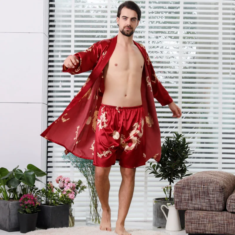 Rob-Conjunto de Kimono para hombre, ropa de dormir con cinturón elástico, traje de dos piezas de seda de dragón chino, pijama con pantalones cortos,