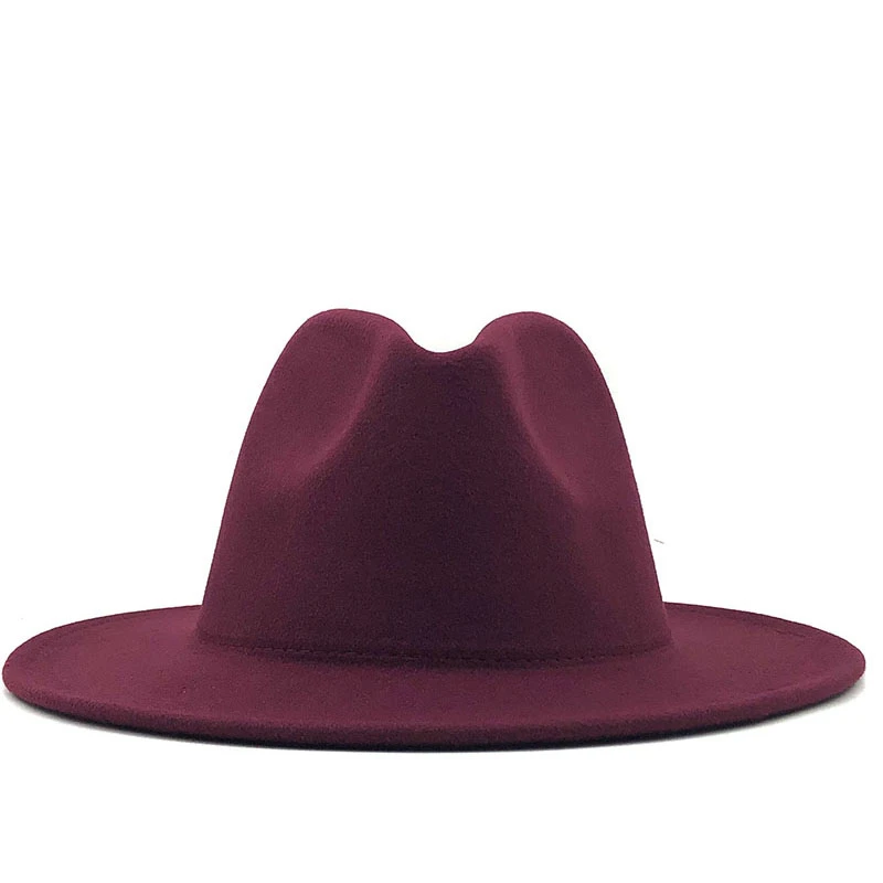 drop Outer wine red Inner Camel Wool Felt Jazz Fedora Hats with Thin Belt Buckle Men Women Wide Brim Panama Trilby Cap 56-60CM