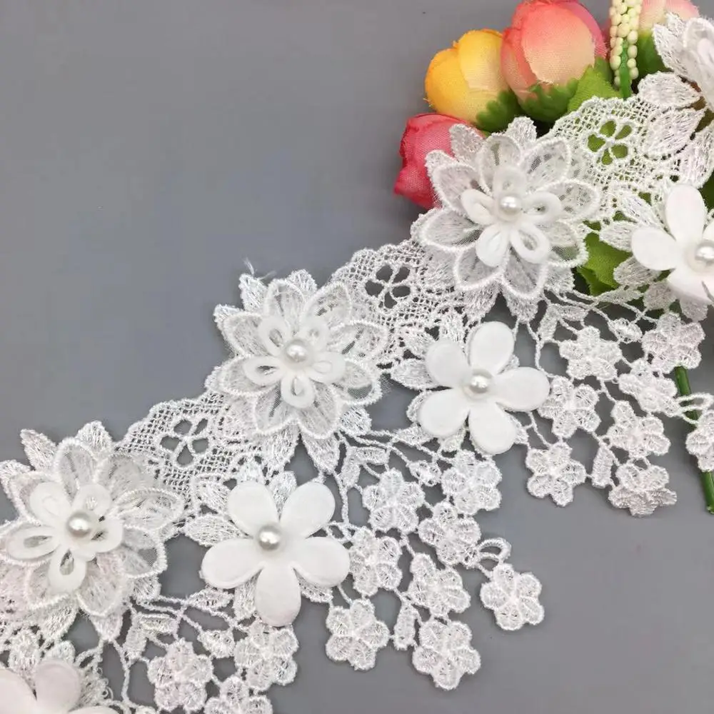 1 yard White 3D Flower Pearl Embroidered Net Lace Fabric Trim Ribbons DIY Sewing Handmade Wedding Dress Clothe Craft Materials