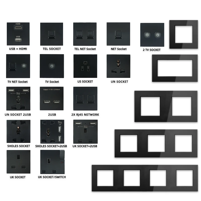 Avoir DIY plastový modul černá elektrický vývod zeď nástrčkový HDMI USB sit' TV internetová RJ45 woblery sklo panel vícenásobné formulovat