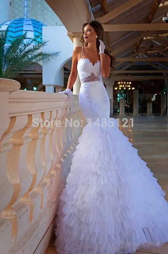 Dimitrius Dalia 화이트 Tulle Open Back 스파게티 아플리케 Pleated Sweep-Train Turmpet/Mermaid 웨딩 드레스 Beach Bridal Gown