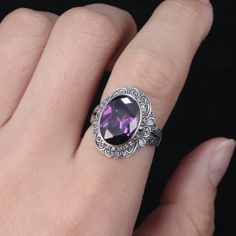 

Real S925 sterling silver amethyst zircon ring female retro fashion opening adjustable atmosphere personality with round ring