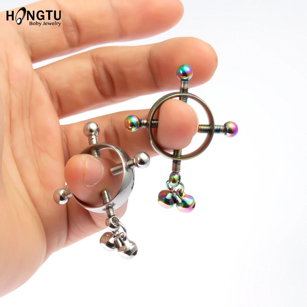 2PC Screw Bell Pendant Fake Nipple Ring Women Stainless Steel Fashion Piercing Jewelry Body Jewelry Round Nipple Piercings Bar image 6