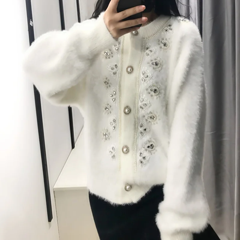 Knitting Female Cardigan Single-Breasted Rhinestone Buttons Beading Thickening Sweater Autumn Winter Korean Style Women Jacket