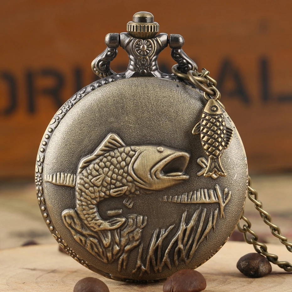 Unique Bronze Fishing Sculpture Pocket Watch Necklace Fob Chain Steampunk Clock Quartz Retro Pocket Watch Gifts + Fish Accessory