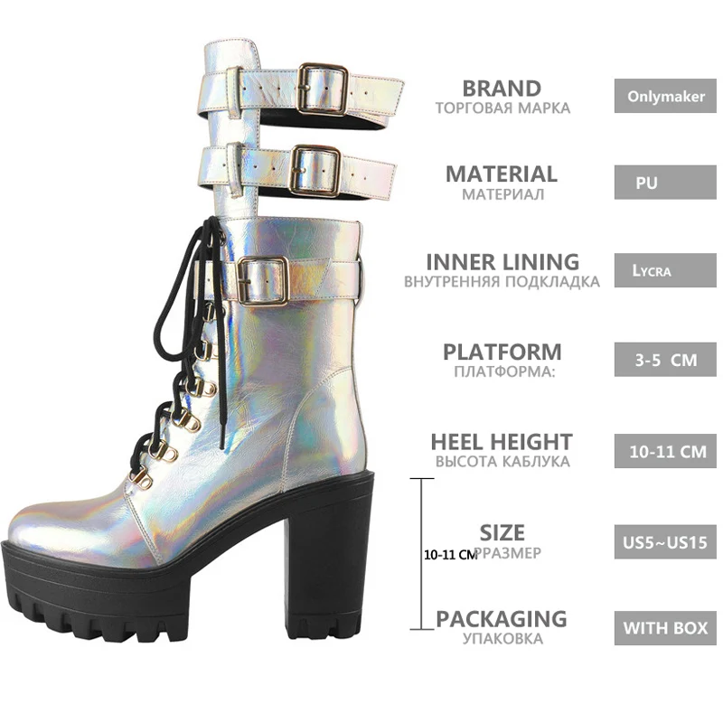 Onlymaker Platform Ankle Booties Round Toe Chunky High Heels Women Hollow Multicolor Lace Up  Buckles Handmade Boots