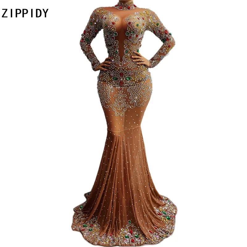 Multi-color Flashing Rhinestones Transparent Long Dress Women Birthday Celebrate Mermaid Dress Prom Dance Outfit Dress