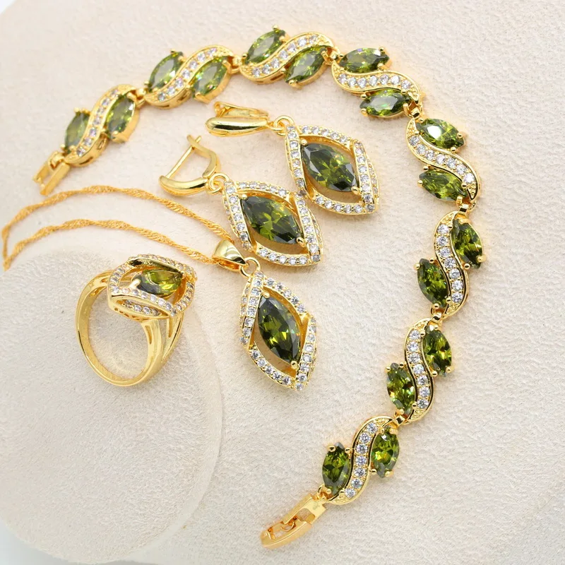 Geometric Gold Color Jewelry Set for Women Olive Green White Zircon Bracelet Earrings Necklace Pendant Ring Wedding Gift 4PCS