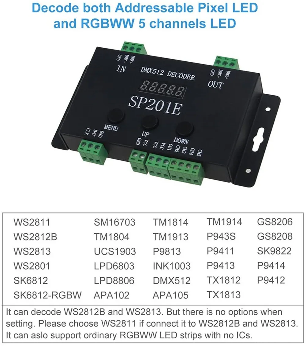 WS2812B WS2811 DMX to SPI Controller Decoder, W/ 99 Color Modes, SP201E 5 Channel DMX 512 RGB WW Decoder Controller for SK6812