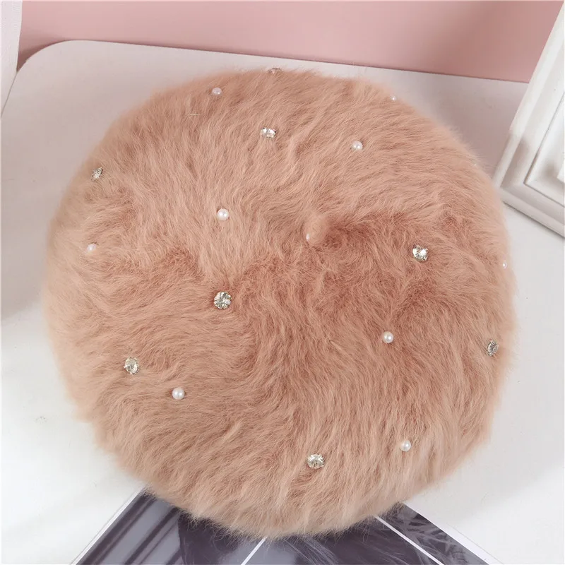 Winter Beret Women Thick Warm Soft Hat Female Solid Rabbit Fur Cap Brimless Skullies Pearl French Artist Beanies Outdoor Bonnet