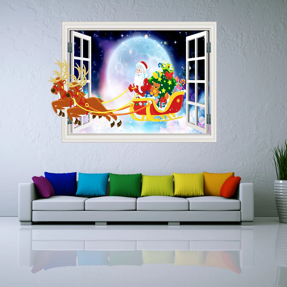 3D False Window Santa Claus Elk Wall Sticker For Kids Baby Rooms Bedroom Christmas Festival Decoration Removable Art Wallpaper