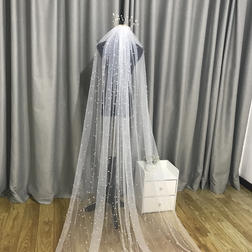 Hot Sale Women Tulle Bridal Veil Pearl Wedding Veil 1 Tier 3M long veil White ivory veil wedding accessories With comb