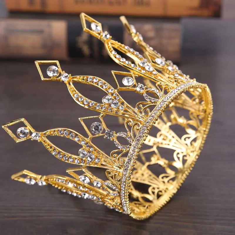 Baroque Golden Crown King Queen Circle Crystal Hair Ornaments Birthday Wedding Jewelry Hair Accessories Tiara Party ML