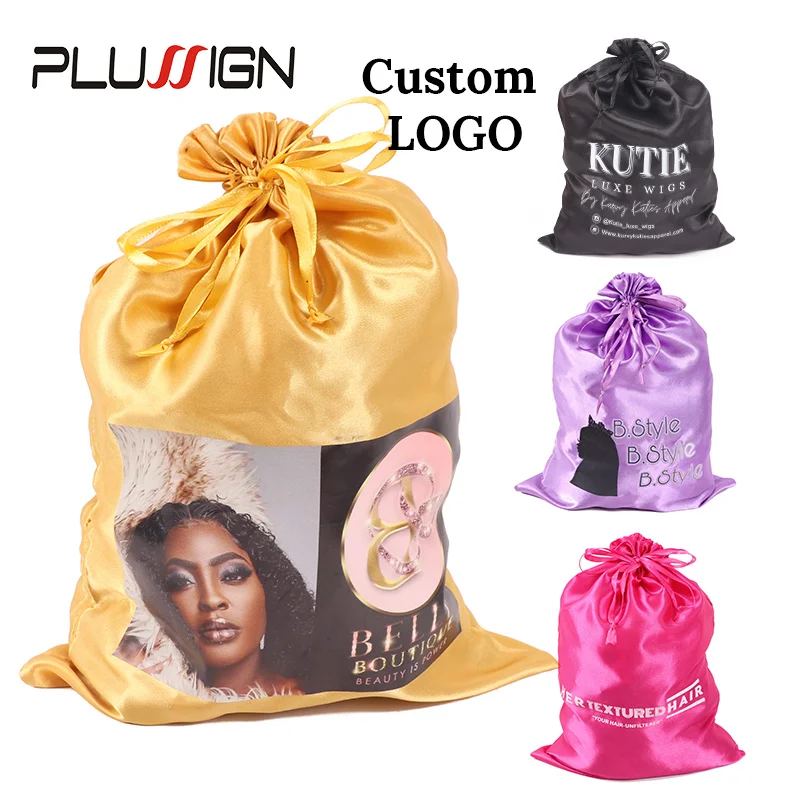 

Customize Logo Wig Hair Extension Storage Bag Black Pink Silk Satin Bag With Drawstring Gift Hair Bundles Packaging Bags 25*35CM