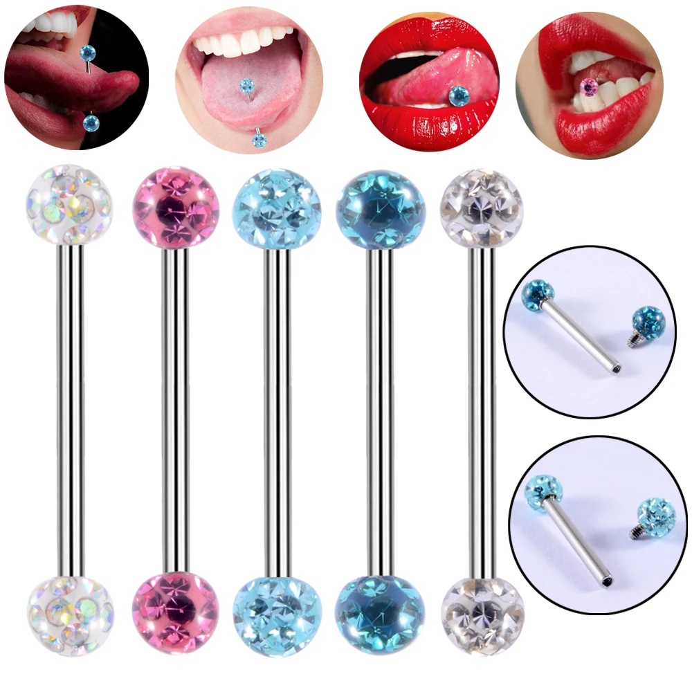 1PC Anti-Allergy Surgical Steel Tongue Rings Handmade Double Epoxy Coated Crystal Piercing Tongue Barbells Piercing Jewelry 14g