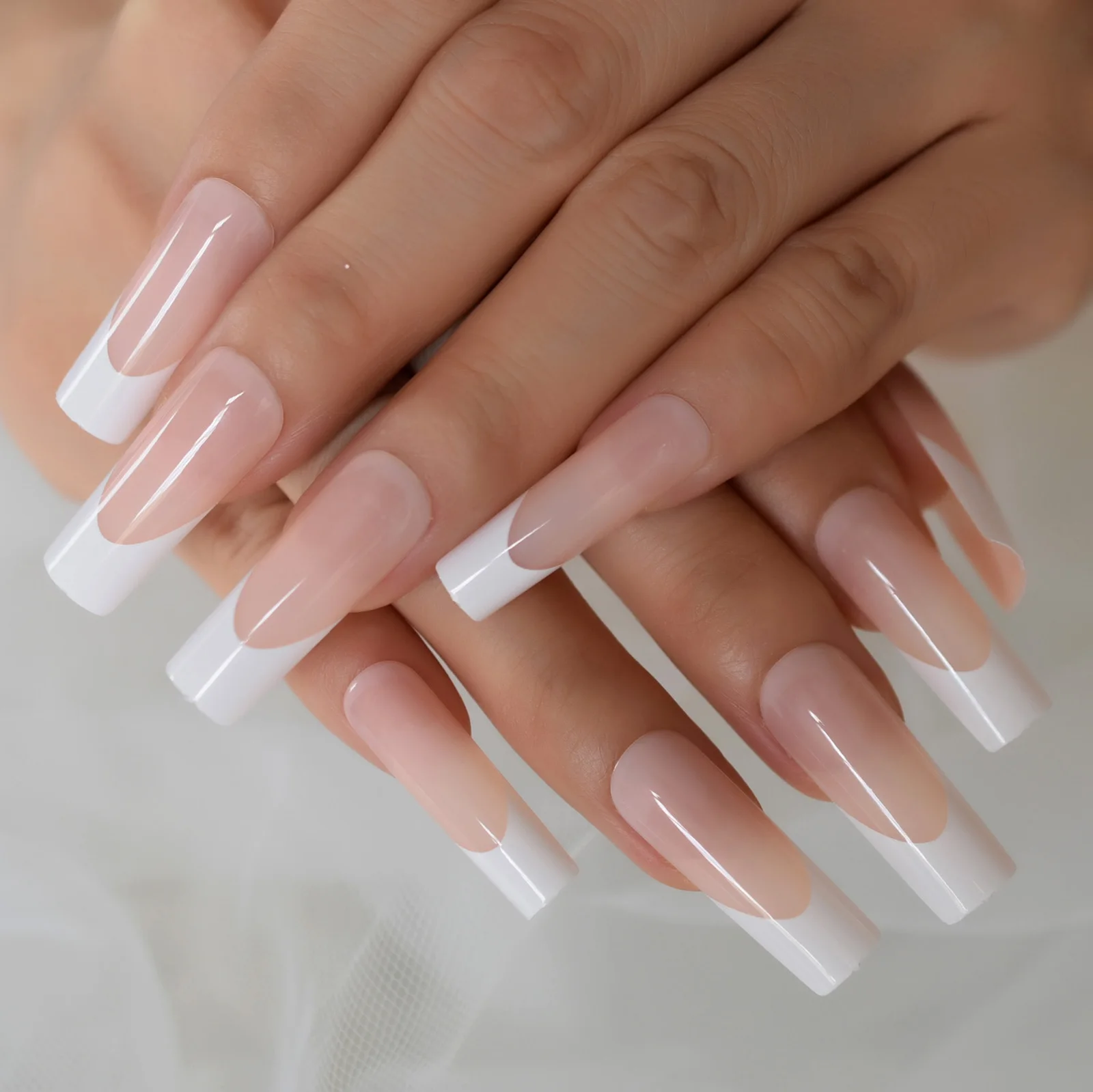 24pcs Long Square Fake Nails Nude White French Tip Press On Nails Full Cover Glossy Gel False Nail Art Manicure for Women