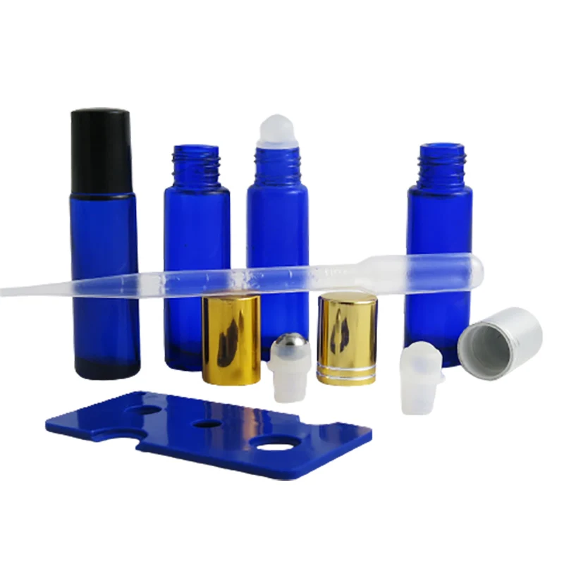 10ml Empty blue glass roll on bottle with Aluminium Plastic lids Glass Stainless Steel Ball 10cc  1/3ozPerfume roll-on bottle