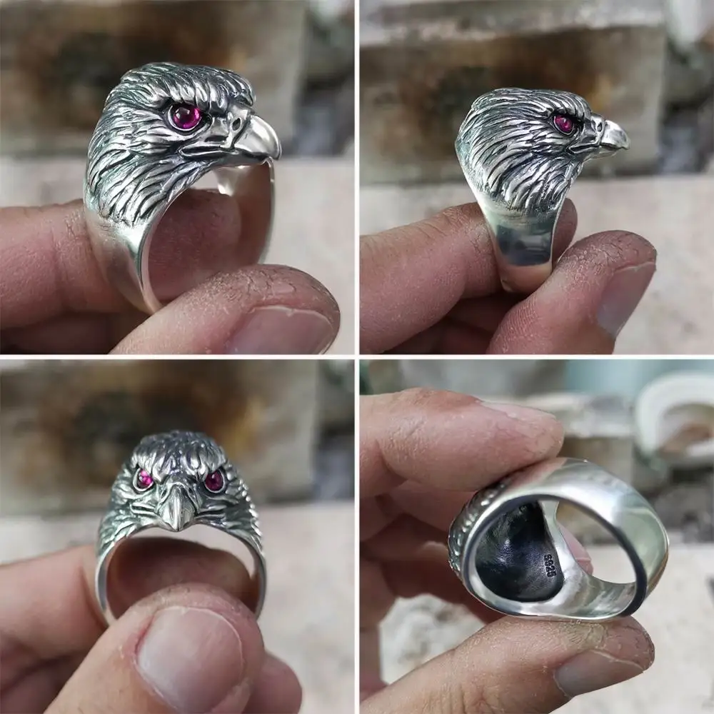 Man Made Pigeon Blood Red Eyes 925 Sterling Silver Eagle Ring TA251 US Size 7~15