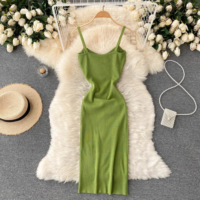 Croysier Mùa Hè Nữ Cổ Chữ V Tay Spaghetti Đầm Dây Gợi Cảm Câu Lạc Bộ Đảng Dệt Kim Bodycon Midi Đầm Thanh Lịch