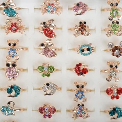 Wholesale 10Pcs Mixed Style Crystal Assorted Flower Animal Adjustable Rings Kids Girls Party Gift Fashion Finger Jewelry