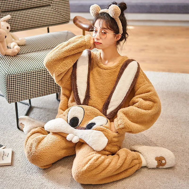 

Pajamas Set For Women Cartoon Animal Homewear Coral Fleece Plush Thick Warm Comfy Pj Sets Long Sleeves Winter Sleepwear