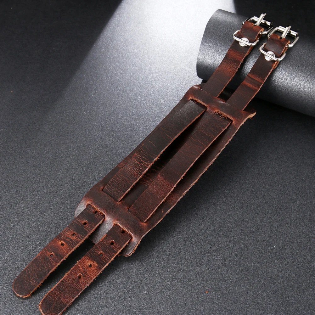 2024 Trend Jewelry Vintage Hand Woven Wide Leather Bracelet  Cuff Double Breasted Bracelet for Men Pulsera Hombre