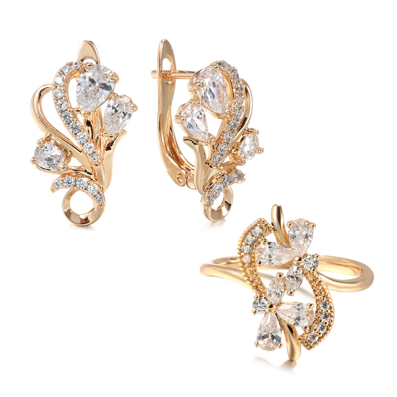 Kinel Luxury 585 Rose Gold Crystal Flower Earrings Ring Sets for Women Natural Zircon Bridal Wedding Vintage Jewelry Sets