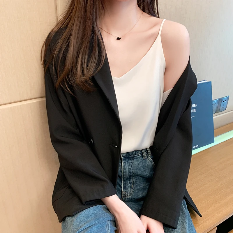 韓国-女性用シルクTシャツ,女性用ノースリーブサテンTシャツ,女性用ホルタートップ,セクシーなストラップトップ2022