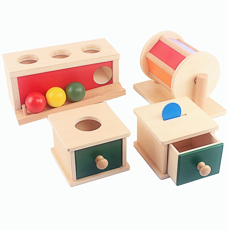 Montessori Materials Spinning Drum Match Piggy Coin Box Permanent Box Round Rectangular Box Sensory Toys for Toddlers IC Class