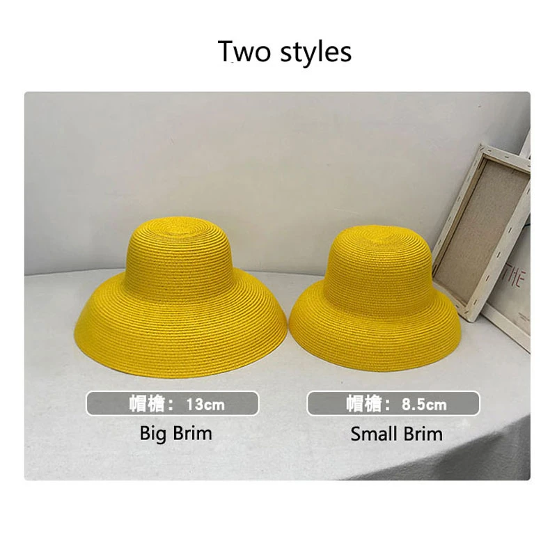 VRIGINER Hot Sale Women Yellow Straw Sun Hat Elegant Hepburn Big Wide Brim Foldable Anti-UV Beach Sun Floppy Hats Flat Caps Bob