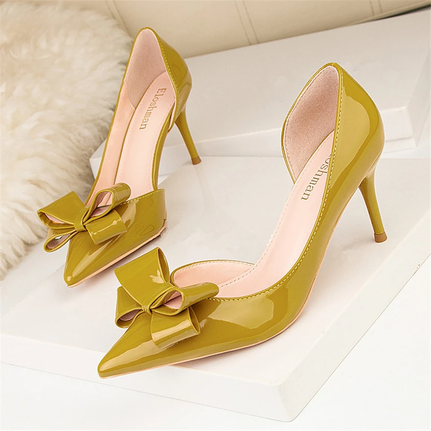 

Sweet Bowtie Shallow High Heels Shoes Women Autumn Pointed Toe Green Patent Leather Pumps Sexy Hollow Ladies Dress Party Shoes