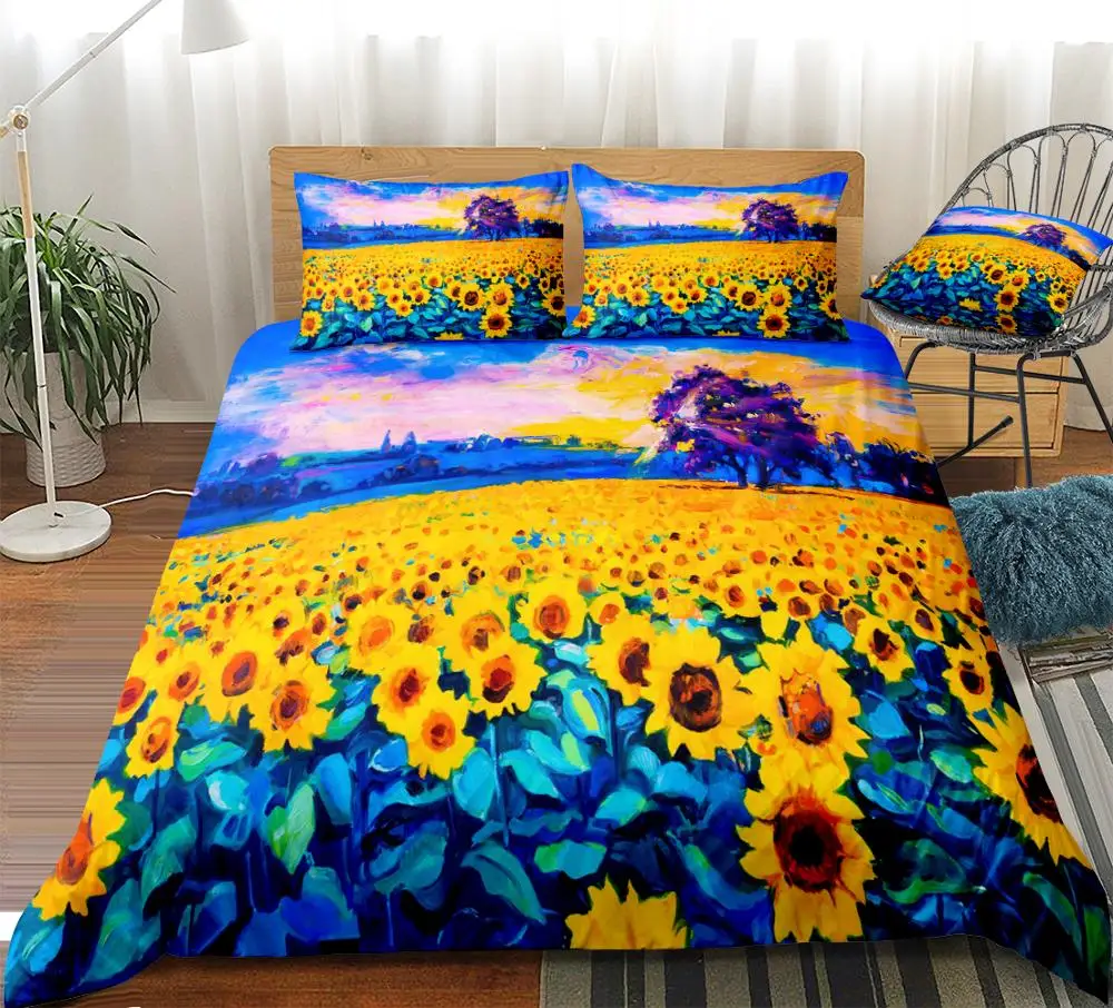 

3PCS Sunflowers Bedding Watercolor Sunflower Sea Duvet Cover Set Oil Painting Yellow Sunflower Quilt Cover King Teens Dropship