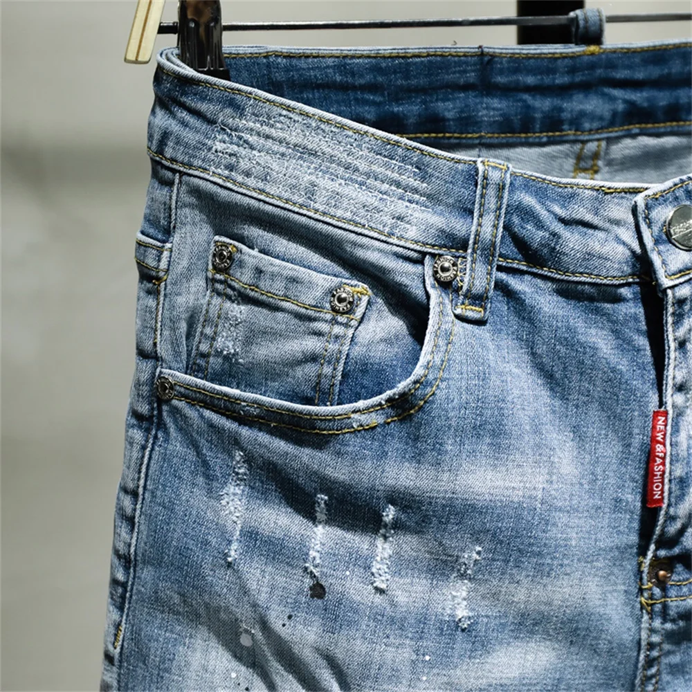 EH · MD® Hole-lined Printed Letter Jeans Men's Splash Ink Paint Dots Soft Casual Loose Cotton Elastic Trousers Mustache Red Ears