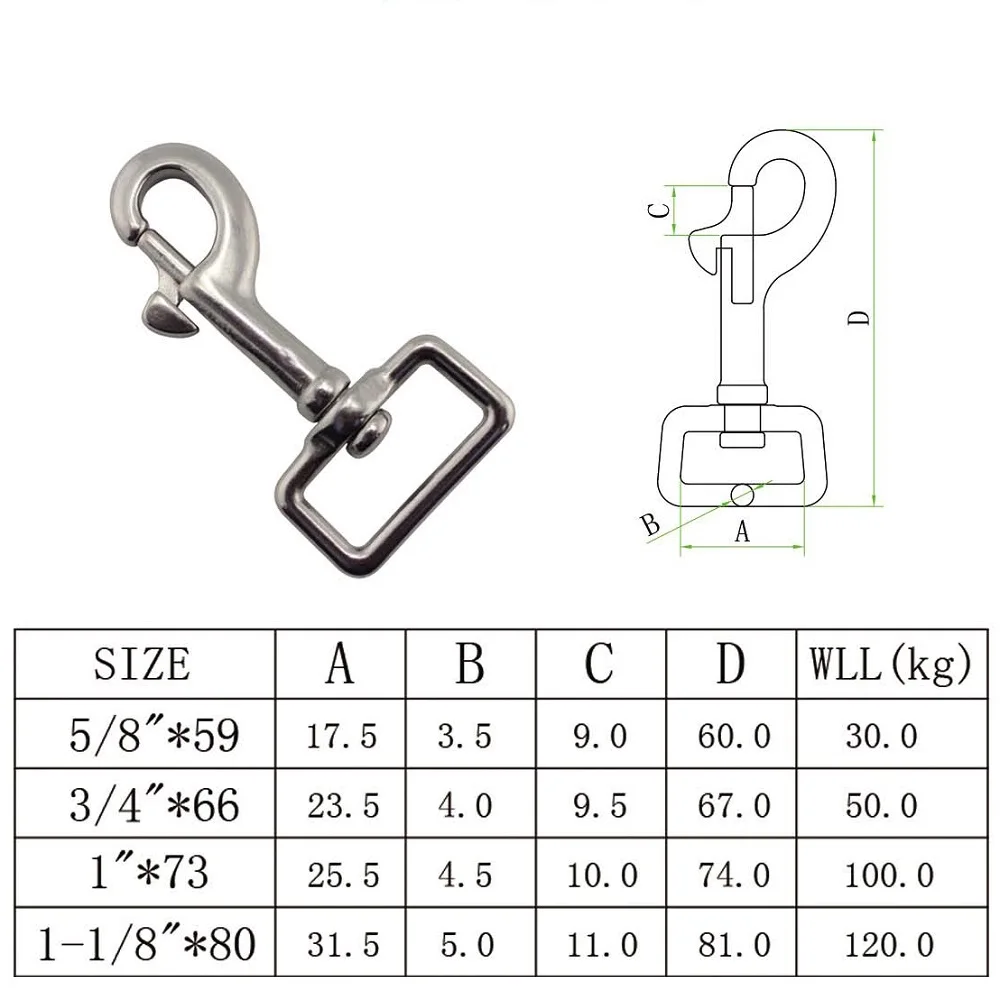 5Pcs 316 Rvs 80Mm Swivel Vierkante Lente Hond Snap Haak Zware Sleutelhanger Snap Haak