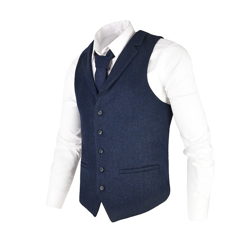 VOBOOM Men Waistcoat Herringbone Tweed Wool Blend Suit Vest Tailored Collar Dress Vests 018